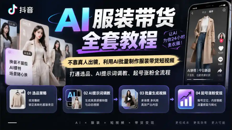 抖音AI服装带货全套教程,不靠真人出镜,利用AI批量制作服装带货短视频,打通选品、AI提示词调教、起号涨粉全流程-网赚项目库-互联网全面项目