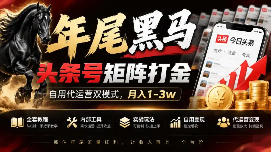 【年尾黑马】头条号矩阵打金,自用代运营双模式,月入1-3w,附全套教程及内部工具【揭秘】-网赚项目库-互联网全面项目