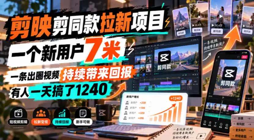 剪映剪同款拉新项目,一个新用户7米,一条出圈视频持续带来回报,有人一天搞了1240-网赚项目库-互联网全面项目