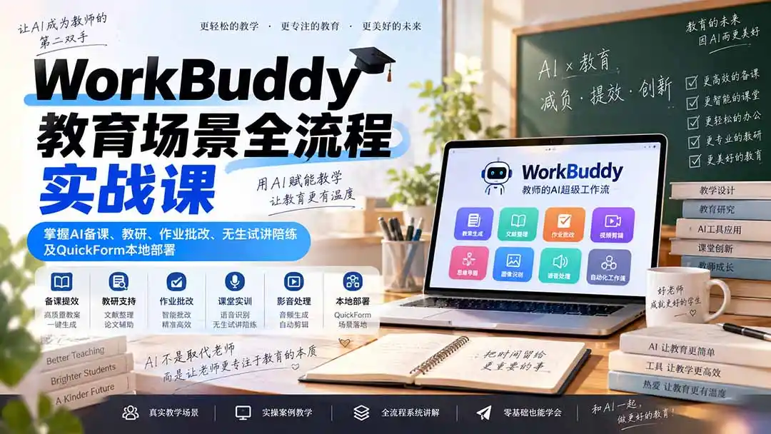 WorkBuddy教育场景全流程实战课：掌握AI备课、教研、作业批改、无生试讲陪练及QuickForm本地部署-网赚项目库-互联网全面项目