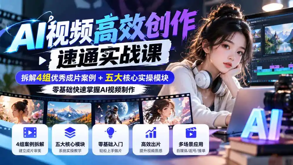 【无水印】AI视频高效创作速通实战课：拆解4组优秀成片案例+五大核心实操模块，零基础快速掌握AI视频制作-网赚项目库-互联网全面项目