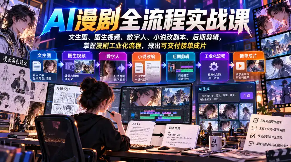 AI漫剧全流程实战课,文生图、图生视频、数字人、小说改剧本、后期剪辑,掌握漫剧工业化流程,做出可交付接单成片-网赚项目库-互联网全面项目
