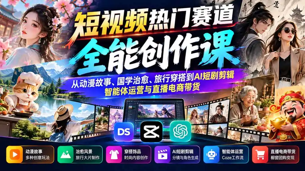 短视频热门赛道全能创作课:从动漫故事、国学治愈、旅行穿搭到AI短剧剪辑、智能体运营与直播电商带货-网赚项目库-互联网全面项目