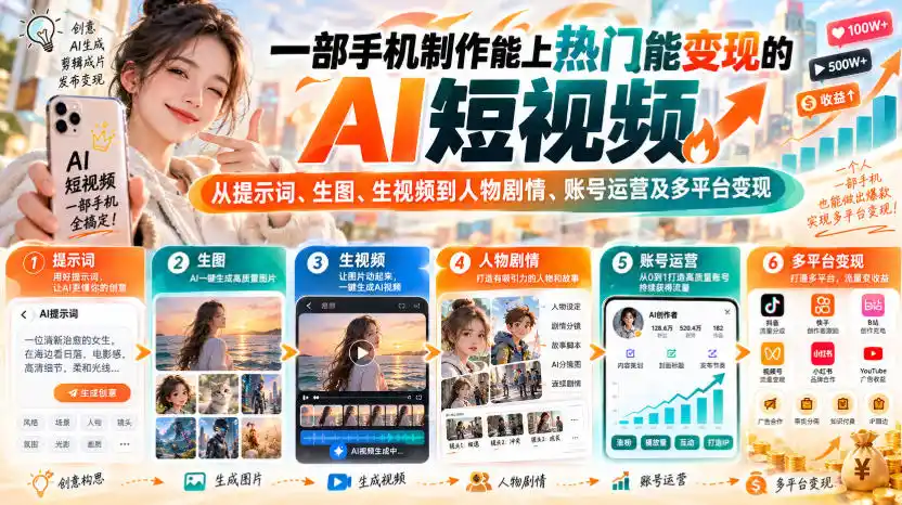 【无水印】一部手机制作能上热门能变现的AI短视频,从提示词、生图、生视频到人物剧情、账号运营及多平台变现-网赚项目库-互联网全面项目