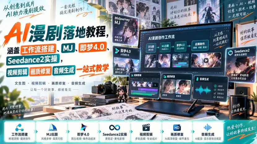 AI漫剧落地教程,涵盖工作流搭建、MJ、即梦4.0、Seedance2实操,视频剪辑画质修复音频生成一站式教学-网赚项目库-互联网全面项目