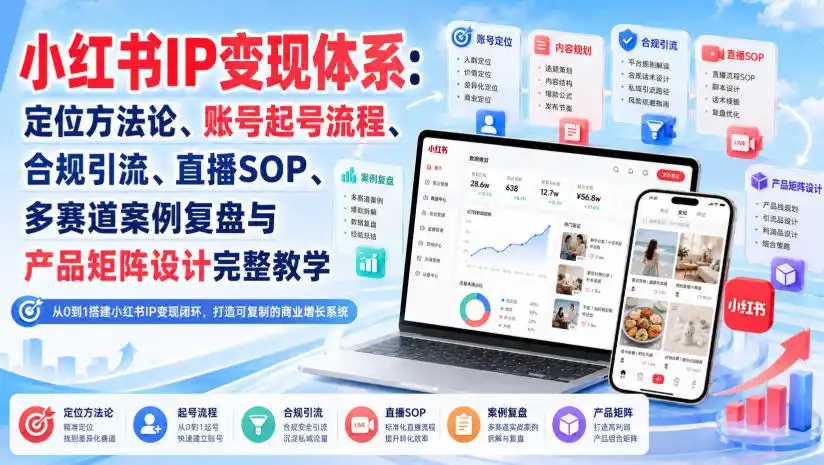 小红书IP变现体系:定位方法论、账号起号流程、合规引流、直播SOP、多赛道案例复盘与产品矩阵设计完整教学-网赚项目库-互联网全面项目