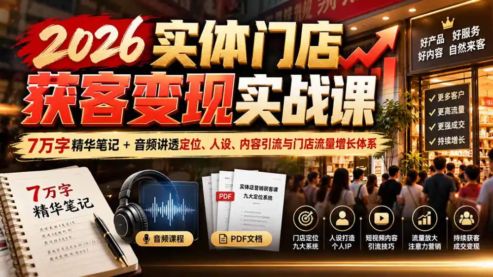 2026实体门店获客变现实战课：7万字精华笔记+音频讲透定位、人设、内容引流与门店流量增长体系-网赚项目库-互联网全面项目