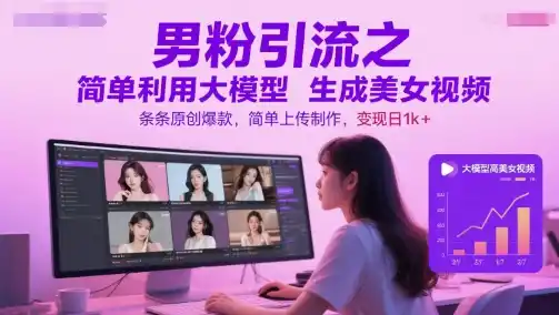 男粉引流之简单利用大模型生成美女视频，条条原创爆款，简单上传制作，变现日1k+-网赚项目库-互联网全面项目
