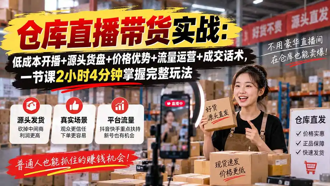 仓库直播带货实战：低成本开播+源头货盘+价格优势+流量运营+成交话术，一节课2小时4分钟掌握完整玩法-网赚项目库-互联网全面项目