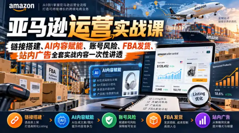 亚马逊运营实战课,链接搭建、AI内容赋能、账号风险、FBA发货、站内广告全套实战内容一次性讲透-网赚项目库-互联网全面项目
