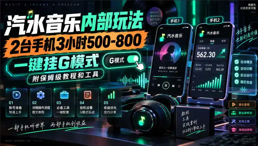 汽水音乐内部玩法,2台手机3小时500-800,一键挂G模式,附保姆级教程和工具【揭秘】-网赚项目库-互联网全面项目