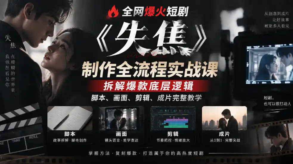 全网爆火短剧《失焦》制作全流程实战课|拆解爆款底层逻辑,脚本、画面、剪辑、成片完整教学-网赚项目库-互联网全面项目