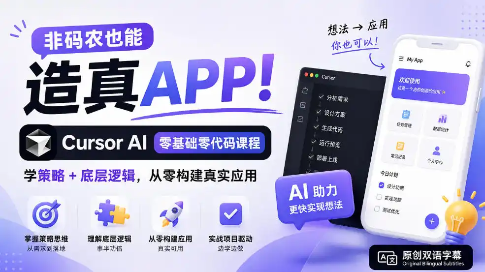 非码农也能造真APP!Cursor AI零基础零代码课程:学策略+底层逻辑,从零构建真实应用【原创双语字幕】-网赚项目库-互联网全面项目