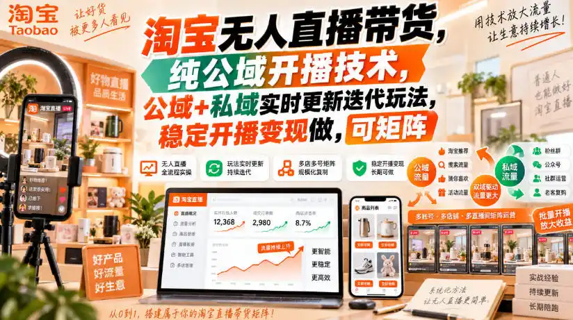 淘宝无人直播带货,纯公域开播技术,公域+私域实时更新迭代玩法,稳定开播变现做,可矩阵【揭秘】-网赚项目库-互联网全面项目