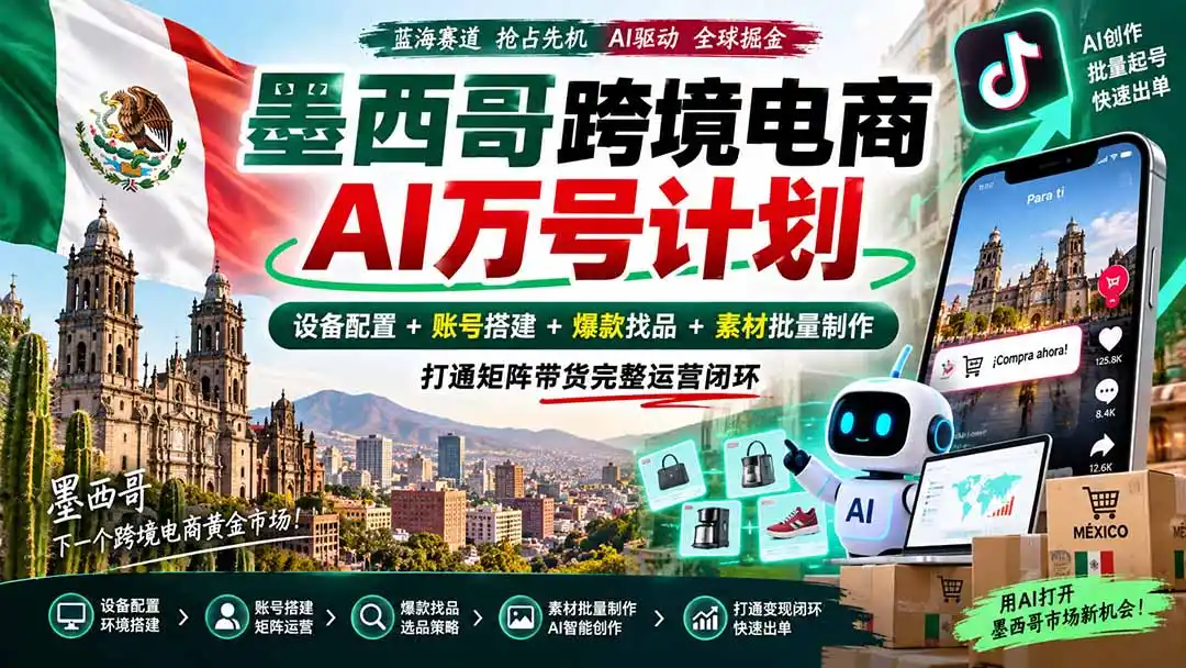 墨西哥AI跨境电商万号计划|设备配置+账号搭建+爆款找品+素材批量制作,打通矩阵带货完整运营闭环-网赚项目库-互联网全面项目