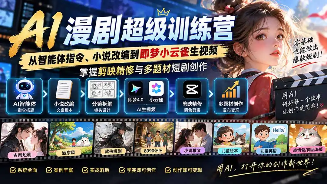 AI漫剧超级特训营:从智能体指令、小说改编到即梦小云雀生视频,掌握剪映精修与多题材短剧创作-网赚项目库-互联网全面项目