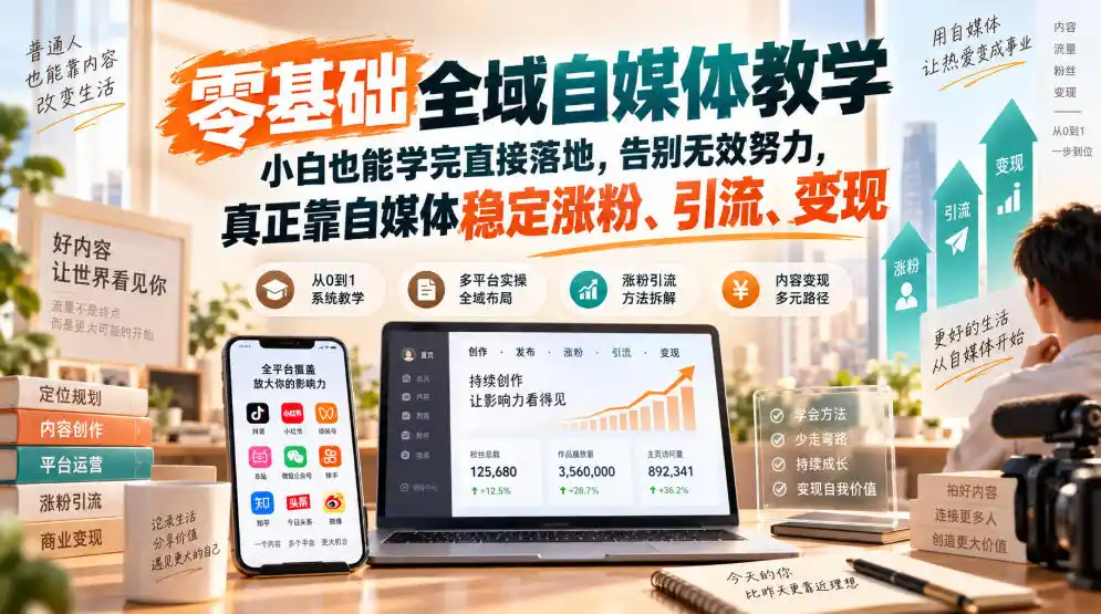 零基础全域自媒体教学，小白也能学完直接落地，告别无效努力，真正靠自媒体稳定涨粉、引流、变现-网赚项目库-互联网全面项目