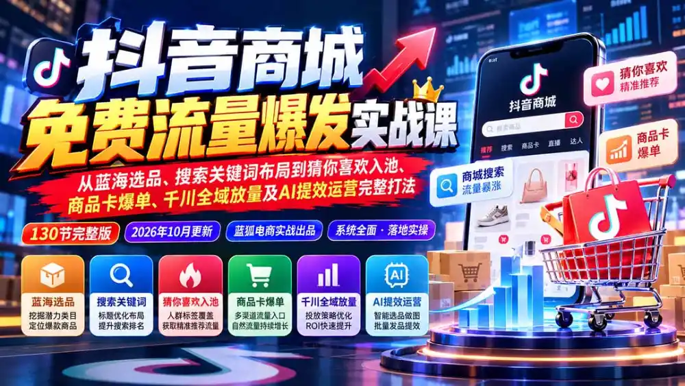 抖音商城免费流量爆发实战:从蓝海选品、搜索关键词布局到猜你喜欢入池、商品卡爆单、千川全域放量及AI提效完整打法-网赚项目库-互联网全面项目