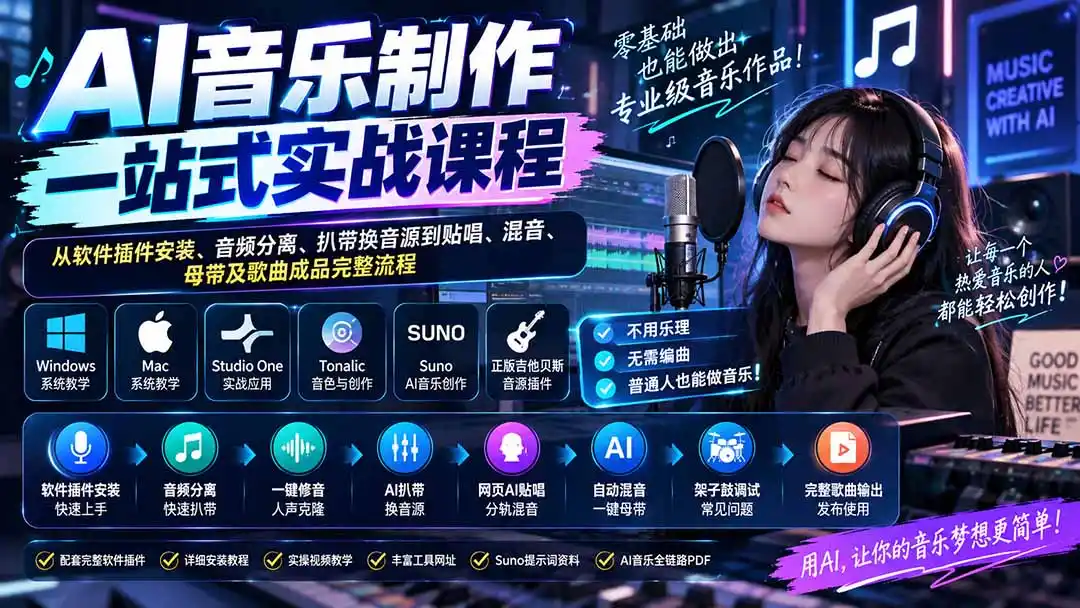 AI音乐制作一站式实战课程:从软件插件安装、音频分离、扒带换音源到贴唱、混音、母带及歌曲成品完整流程-网赚项目库-互联网全面项目