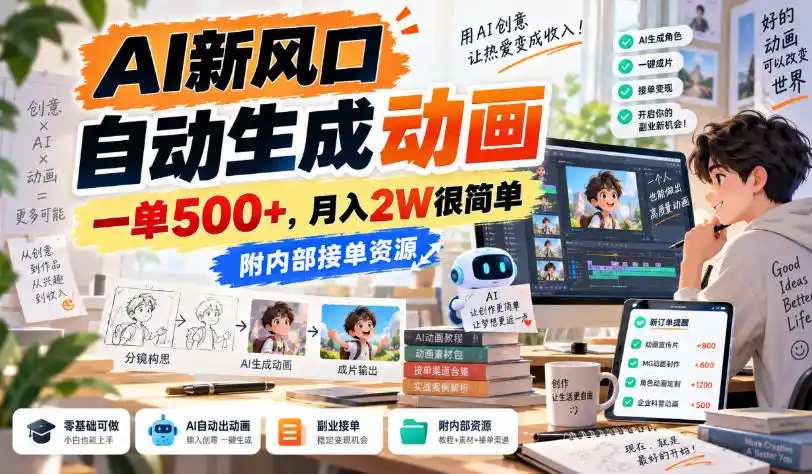 AI新风口,自动生成动画,一单500+,月入2W很简单,附内部接单资源【揭秘】-网赚项目库-互联网全面项目