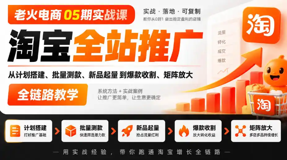 老火电商05期实战课｜淘宝全站推广从计划搭建、批量测款、新品起量到爆款收割、矩阵放大全链路教学-网赚项目库-互联网全面项目