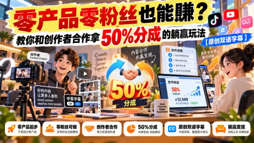 【无水印】零产品零粉丝也能賺?教你和创作者合作拿50%分成的躺赢玩法【原创双语字幕】-网赚项目库-互联网全面项目