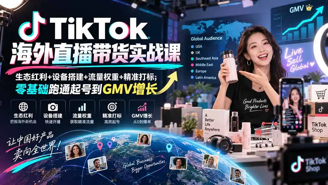 TikTok海外直播带货实战课|生态红利+设备搭建+流量权重+精准打标,零基础跑通起号到GMV增长-网赚项目库-互联网全面项目