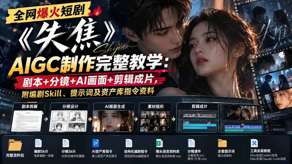 全网爆火短剧《失焦》AIGC制作完整教学：剧本+分镜+AI画面+剪辑成片，附编剧Skill、提示词及资产库指令资料-网赚项目库-互联网全面项目
