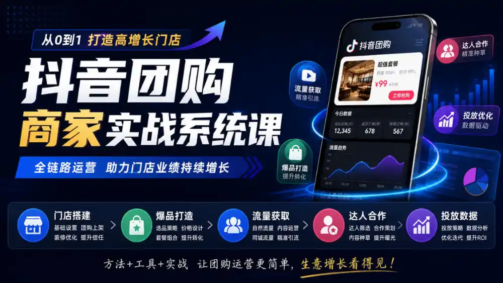 抖音团购商家实战系统课｜门店搭建、爆品打造、流量获取、达人合作、投放数据全链路运营-网赚项目库-互联网全面项目