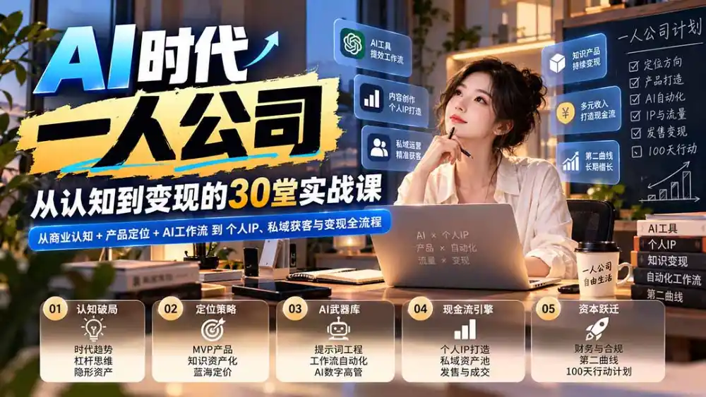 【无水印】AI时代一人公司30堂实战课:从商业认知+产品定位+AI工作流到个人IP、私域获客与变现全流程-网赚项目库-互联网全面项目