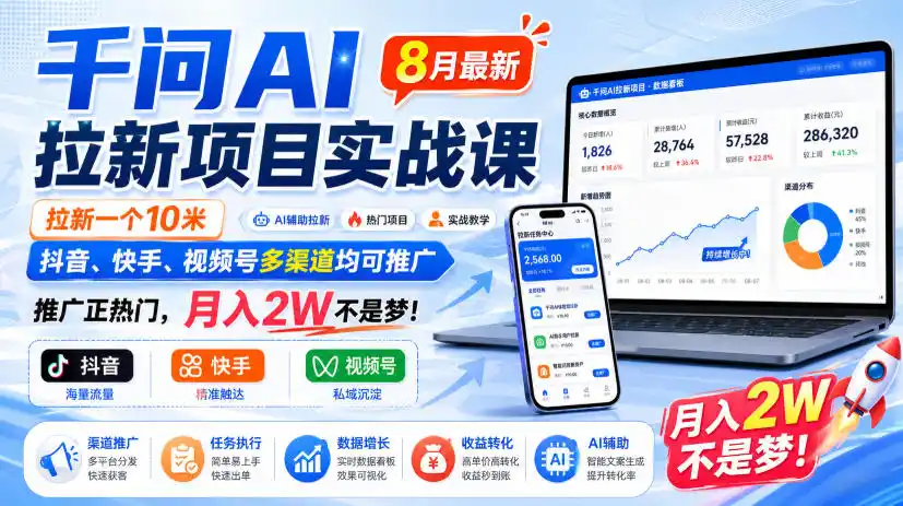 千问AI拉新项目实战课8月最新,拉新一个10米,抖音、快手、视频号多渠道均可推广,推广正热门,月入2W不是梦!(更新0918)