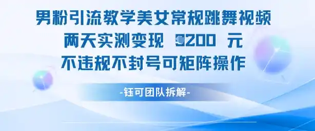 男粉引流教学美女常规跳舞视频两天实测变现1k+,不违规不封号可矩阵操作-网赚项目库-互联网全面项目