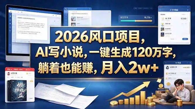 2026 风口项目，AI 写小说，一键生成 120 万字，躺着也能赚，月入 2w +-网赚项目库-互联网全面项目