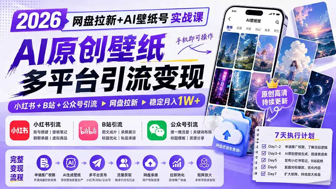 2026网盘拉新+AI壁纸号实战课:AI原创壁纸+小红书+B站+公众号引流,手机即可操作,月入1W+-网赚项目库-互联网全面项目