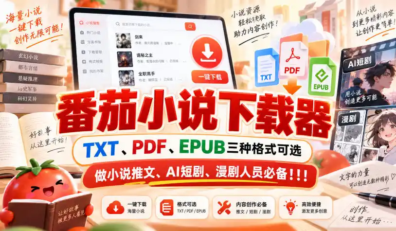 番茄小说下载器,TXT、PDF、EPUB三种格式可选,做小说推文、AI短剧、漫剧人员必备!!!-网赚项目库-互联网全面项目
