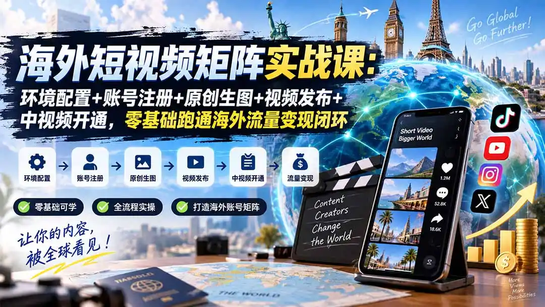 海外短视频矩阵实战课:环境配置+账号注册+原创生图+视频发布+中视频开通,零基础跑通海外流量变现闭环-网赚项目库-互联网全面项目