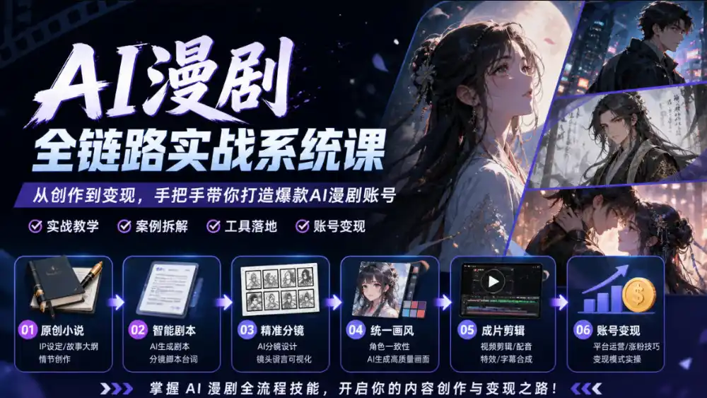AI漫剧全链路实战系统课|原创小说、智能剧本、精准分镜、统一画风、成片剪辑、账号变现实操教学-网赚项目库-互联网全面项目