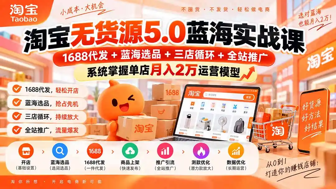 淘宝无货源5.0蓝海实战课-更新0927：1688代发+蓝海选品+三店循环+全站推广，系统掌握单店月入2万运营模型-网赚项目库-互联网全面项目