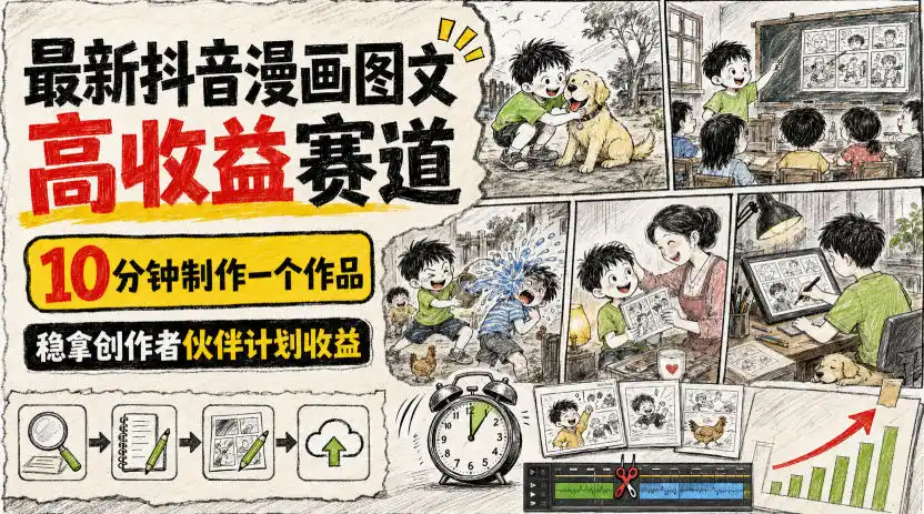 最新抖音漫画图文高收益赛道,10分钟制作一个作品,稳拿创作者伙伴计划收益-网赚项目库-互联网全面项目